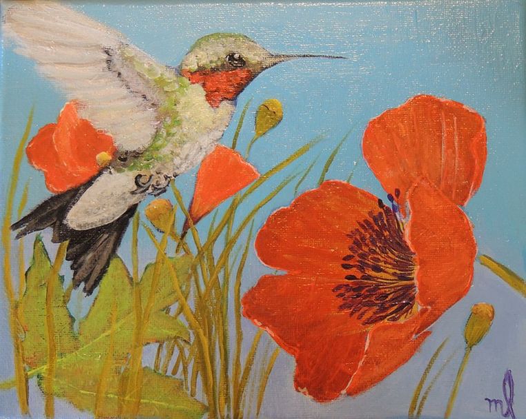 Hummingbird and Poppies